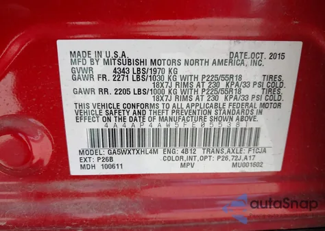 2015 Mitsubishi Outlander Sport Gt из США, поврежденный, VIN 4A4AP4AW5FE055381